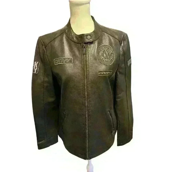 DKNY Women's Large Genuine Leather Biker Jacket Black with Patches Full Zipper - Picture 1 of 10